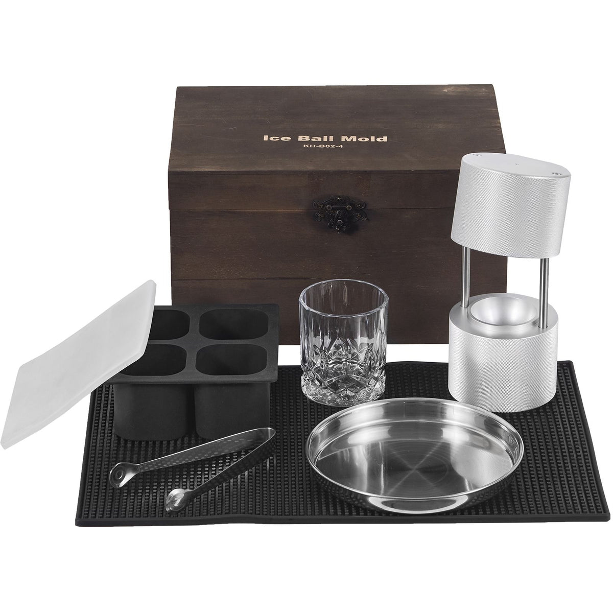 Ice Ball Press Kit, Aircraft Al Alloy Ice Press with Ice Block Mold, Large Mat, Tong, Drip Tray, One Glass, Round Ice Ball Maker 2.4"/60 mm Ice Sphere, for Whiskey, Cocktail on Party & Holiday