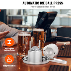 Ice Ball Press Kit, Aircraft Al Alloy Ice Press with Ice Block Mold, Large Mat, Tong, Drip Tray, One Glass, Round Ice Ball Maker 2.4"/60 mm Ice Sphere, for Whiskey, Cocktail on Party & Holiday