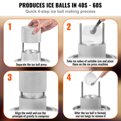 VEVOR Ice Ball Press Kit, Aircraft Al Alloy Ice Press with Ice Block Mold, Large Mat, Tong, Drip Tray, One Glass, Round Ice Ball Maker 2.4"/60 mm Ice Sphere, for Whiskey, Cocktail on Party & Holiday