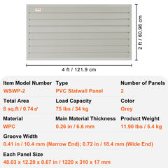 Slatwall Panels, 121.9 x 30.48 cm Gray Garage Wall Panels (Set of 2 Panels), Heavy Duty Garage Wall Organizer Panels Display Perfect for Retail Store, Garage Wall, and Craft Storage Organization