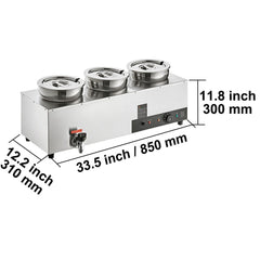 Electric Soup Warmer, Three 7.4QT Stainless Steel Round Pot, 1200W Commercial Food Warmer, 30 - 85℃ Adjustable Temp, Bain Marie with Anti-Dry Burn and Reset Button, for Restaurant, Buffet