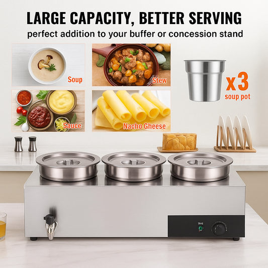 Electric Soup Warmer, Three 7.4QT Stainless Steel Round Pot, 1200W Commercial Food Warmer, 30 - 85℃ Adjustable Temp, Bain Marie with Anti-Dry Burn and Reset Button, for Restaurant, Buffet
