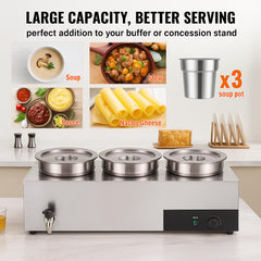 Electric Soup Warmer, Three 7.4QT Stainless Steel Round Pot, 1200W Commercial Food Warmer, 30 - 85℃ Adjustable Temp, Bain Marie with Anti-Dry Burn and Reset Button, for Restaurant, Buffet
