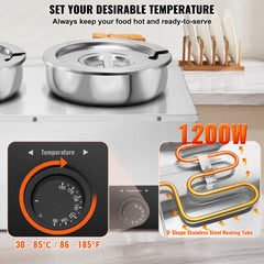 Electric Soup Warmer, Three 7.4QT Stainless Steel Round Pot, 1200W Commercial Food Warmer, 30 - 85℃ Adjustable Temp, Bain Marie with Anti-Dry Burn and Reset Button, for Restaurant, Buffet