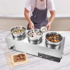 Electric Soup Warmer, Three 7.4QT Stainless Steel Round Pot, 1200W Commercial Food Warmer, 30 - 85℃ Adjustable Temp, Bain Marie with Anti-Dry Burn and Reset Button, for Restaurant, Buffet