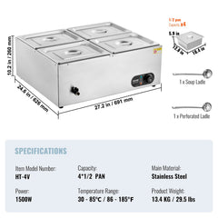 Commercial Electric Food Warmer Countertop Buffet 4*12 Qt Pan Bain Marie