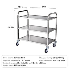 3-Tier Utility Cart Rolling Cart on Wheels 37.5"x20"x37.7" 450 LBS 6 Hooks