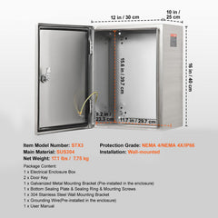 Steel Electrical Box, 40x30x25 cm, 304 Stainless Steel Electrical Enclosure Box, Wall-Mounted Outdoor Electrical Electronic Equipment Enclosure with Mounting Plate Hinges Lock, IP66 Waterproof