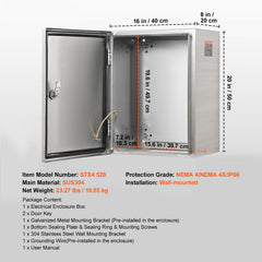 Steel Electrical Box, 50x40x20 cm, 304 Stainless Steel Electrical Enclosure Box, Wall-Mounted Outdoor Electrical Electronic Equipment Enclosure with Mounting Plate Hinges Lock, IP66 Waterproof