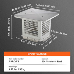Chimney Cap 9” x 9” 304Stainless Steel Fireplace Flue Caps Cover Mesh