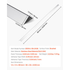 Stainless Steel Wall Corner Protector, 38 x 38 x 2436 mm, 10 Pack Metal Corner Guards, 304 Stainless Steel Edge Trim 90-Degree Angle for Home,Office,Commercial Wall Protection, with 3m Tape
