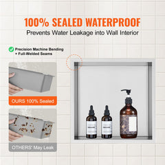 33.02 x 33.02 cm No Tile Shower Niche 304 Stainless Steel, Wall-Inserted Niche Recessed Double Shelves, Sealed Waterproof Rust-Resistant Modern Niche for Shower Bathroom Soap Storage, Silver