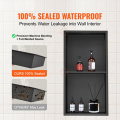 33.02 x 63.5 cm No Tile Shower Niche 304 Stainless Steel, Wall-Inserted Niche Recessed Double Shelves, Sealed Waterproof Rust-Resistant Modern Niche for Shower or Soap Storage Bathroom