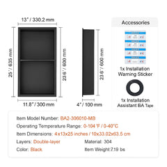 33.02 x 63.5 cm No Tile Shower Niche 304 Stainless Steel, Wall-Inserted Niche Recessed Double Shelves, Sealed Waterproof Rust-Resistant Modern Niche for Shower or Soap Storage Bathroom
