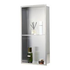 Shower Niche, 33.0 x 63.5 x 10.2 cm Recessed Wall Niche Double-layer, with Hollowed-out Divider, Heavy-duty Stainless Steel Modern Shampoo Storage Organizer, Waterproof, Silver for Bathroom