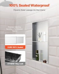 Shower Niche, 33.0 x 63.5 x 10.2 cm Recessed Wall Niche Double-layer, with Hollowed-out Divider, Heavy-duty Stainless Steel Modern Shampoo Storage Organizer, Waterproof, Silver for Bathroom