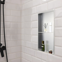 Shower Niche, 33.0 x 63.5 x 10.2 cm Recessed Wall Niche Double-layer, with Hollowed-out Divider, Heavy-duty Stainless Steel Modern Shampoo Storage Organizer, Waterproof, Silver for Bathroom
