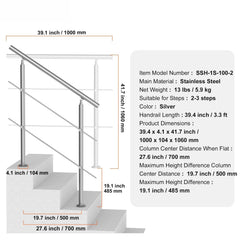 39.4in Handrails for Outdoor Steps 2 Crossbars Staircase for Porch Deck