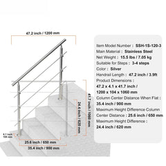 47.2in Handrails for Outdoor Steps 3 Crossbars Staircase for Porch Deck