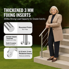 Handrails for Outdoor Steps, 59 in Length 3 Crossbars Stair Hand Rail Kit, Transitional Stainless Steel Railings w/ Installation Kit, Double-column Staircase Handrails for Seniors,Porch & Deck