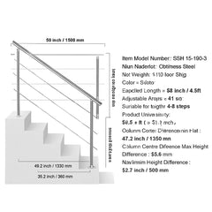 Handrails for Outdoor Steps, 59 in Length 3 Crossbars Stair Hand Rail Kit, Transitional Stainless Steel Railings w/ Installation Kit, Double-column Staircase Handrails for Seniors,Porch & Deck