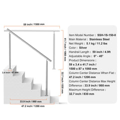 Handrails for Outdoor Steps, 59 in/ 150cm Length Stair Hand Rail Kit, Transitional Stainless Steel Railings with Installation Kit, Double-column Staircase Handrails for Seniors,Porch & Deck