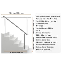 Handrails for Outdoor Steps, 70.9 in/ 180cm Length Stair Hand Rail Kit, Transitional Stainless Steel Railings with Installation Kit, Double-column Staircase Handrails for Seniors,Porch & Deck