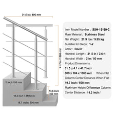Handrails for Outdoor Steps, 31.5in Length 2 Crossbars Stair Hand Rail Kit, Transitional Stainless Steel Railings w/ Installation Kit, Double-column Staircase Handrails for Seniors,Porch & Deck
