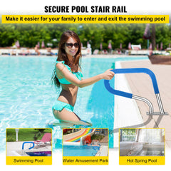 Pool Rail 32x23 Pool Railing 304 Stainless Steel 250LBS Load Capacity Silver Rustproof Pool Handrail Humanized Swimming Pool Handrail with Blue Grip Cover & M8 Drill Bit & Self-Taping Screws