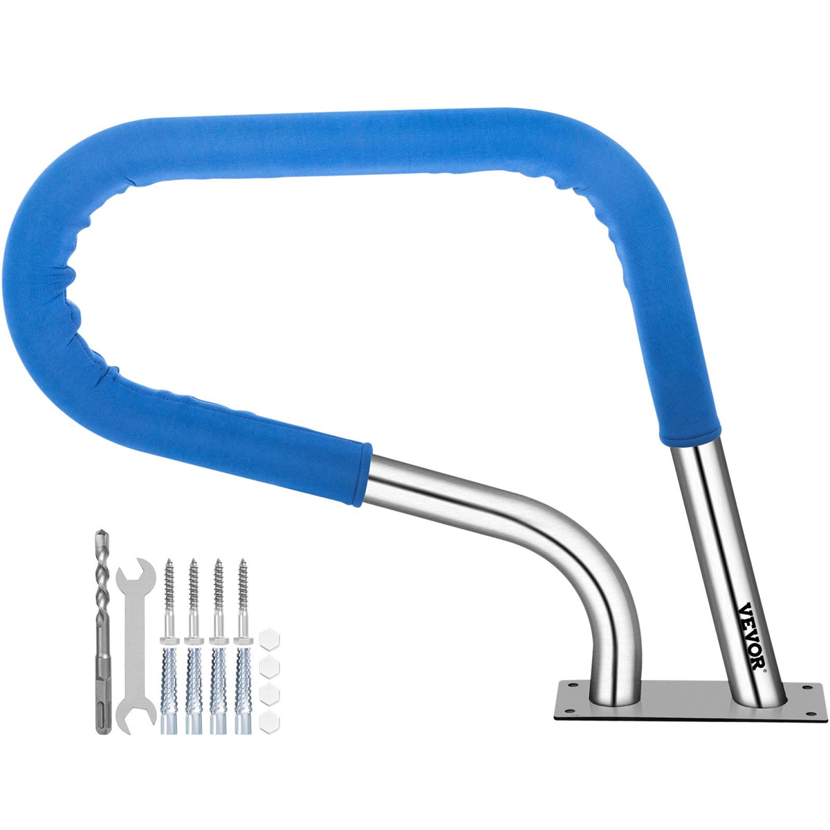 Pool Rail 32x23 Pool Railing 304 Stainless Steel 250LBS Load Capacity Silver Rustproof Pool Handrail Humanized Swimming Pool Handrail with Blue Grip Cover & M8 Drill Bit & Self-Taping Screws