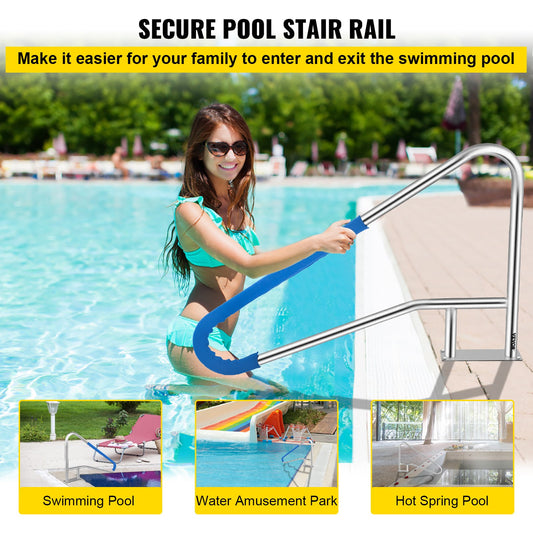 Pool Rail 55x32 Pool Railing 304 Stainless Steel 250LBS Load Capacity Silver Rustproof Pool Handrail Humanized Swimming Pool Handrail with Blue Grip Cover & M8 Drill Bit & Self-Taping Screws