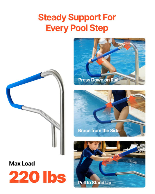 Pool Rail, 137.1 x 81.3 cm Pool Handrail, 100kg Load Capacity Heavy Duty 304 Stainless Steel Swimming Handrail, Detachable Nonslip Sleeve, Recessed or Base Mount, for Poolside, Water Parks