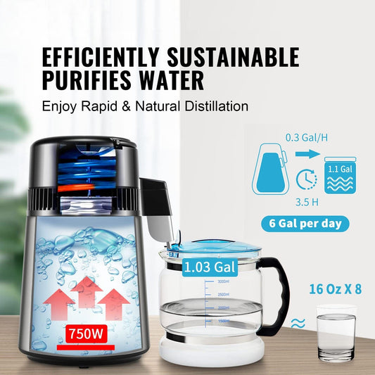 Water Distiller, 4L 1.05 Gallon Pure Water Purifier Filter For Home Countertop, 750W Distilled Water Maker, Stainless Steel Interior Distiller Water Making Machine to Make Clean Water, Silvery