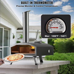 Outdoor Pizza Oven, 12" Wood Fired Pizza Ovens, Pellet Pizza Stove with Thermometer, Portable Pizza Maker for Outside Backyard Patio Camping, Pizza Stone, Carry Bag, Shovel, Black