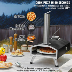 Outdoor Pizza Oven, 12" Wood Fired Pizza Ovens, Pellet Pizza Stove with Built-in Thermometer, with Thickened Cordierite, Rotating Pizza Stone, Carry Bag, Shovel, Portable Pizza Maker for Outside Backyard Patio Camping Black