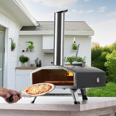 Outdoor Pizza Oven, 12" Wood Fired Pizza Ovens, Pellet Pizza Stove with Built-in Thermometer, with Thickened Cordierite, Rotating Pizza Stone, Carry Bag, Shovel, Portable Pizza Maker for Outside Backyard Patio Camping Black