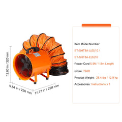 Portable Ventilator, 203.2mm/8inch Heavy Duty Cylinder Fan with 10m Duct Hose, 145W Strong Shop Exhaust Blower 1020CFM, Industrial Utility Blower for Sucking Dust, Smoke, Smoke Home/Workplace