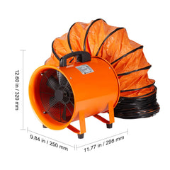 Portable Ventilator, 203.2mm/8inch Heavy Duty Cylinder Fan with 10m Duct Hose, 145W Strong Shop Exhaust Blower 1020CFM, Industrial Utility Blower for Sucking Dust, Smoke, Smoke Home/Workplace