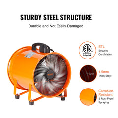 Portable Ventilator, 203.2mm/8inch Heavy Duty Cylinder Fan with 10m Duct Hose, 145W Strong Shop Exhaust Blower 1020CFM, Industrial Utility Blower for Sucking Dust, Smoke, Smoke Home/Workplace