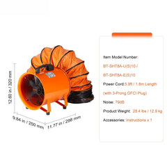 Portable Ventilator, 203.2mm/8inch Heavy Duty Cylinder Fan with 10m Duct Hose, 145W Strong Shop Exhaust Blower 1020CFM, Industrial Utility Blower for Sucking Dust, Smoke, Smoke Home/Workplace