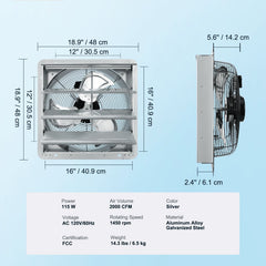 Shutter Exhaust Fan, 406 mm High-speed 1400RPM 1506 CFM, Aluminum Wall Mount Attic Fan with AC-motor, Ventilation and Cooling for Greenhouses, Garages, Sheds, Shops
