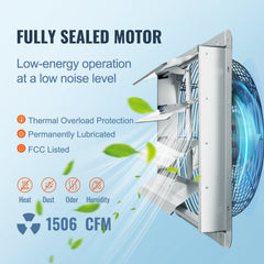 Shutter Exhaust Fan, 406 mm High-speed 1400RPM 1506 CFM, Aluminum Wall Mount Attic Fan with AC-motor, Ventilation and Cooling for Greenhouses, Garages, Sheds, Shops
