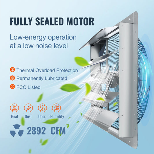 Shutter Exhaust Fan, 610 mm High-speed 1400RPM 2892 CFM, Aluminum Wall Mount Attic Fan with AC-motor, Ventilation and Cooling for Greenhouses, Garages, Sheds, Shops