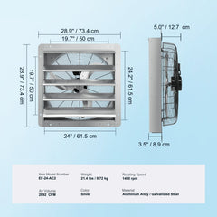 Shutter Exhaust Fan, 610 mm High-speed 1400RPM 2892 CFM, Aluminum Wall Mount Attic Fan with AC-motor, Ventilation and Cooling for Greenhouses, Garages, Sheds, Shops