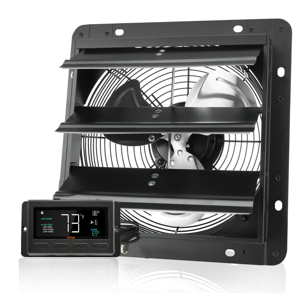 Shutter Exhaust Fan, 254mm / 10inch with Temperature Humidity Controller, EC-motor, 843 CFM, Variable Speed Adjustable Wall Mount Attic Fan, Ventilation and Cooling for Greenhouses, Garages, Sheds