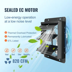 Shutter Exhaust Fan, 254mm / 10inch with Temperature Humidity Controller, EC-motor, 843 CFM, Variable Speed Adjustable Wall Mount Attic Fan, Ventilation and Cooling for Greenhouses, Garages, Sheds