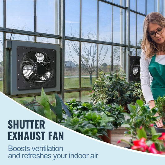 Shutter Exhaust Fan, 254mm / 10inch with Temperature Humidity Controller, EC-motor, 843 CFM, Variable Speed Adjustable Wall Mount Attic Fan, Ventilation and Cooling for Greenhouses, Garages, Sheds