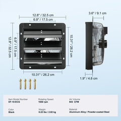 Shutter Exhaust Fan, 254mm / 10inch with Temperature Humidity Controller, EC-motor, 843 CFM, Variable Speed Adjustable Wall Mount Attic Fan, Ventilation and Cooling for Greenhouses, Garages, Sheds