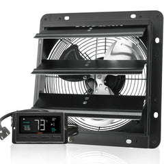 Shutter Exhaust Fan, 254mm / 10inch with Temperature Humidity Controller, EC-motor, 843 CFM, Variable Speed Adjustable Wall Mount Attic Fan, Ventilation and Cooling for Greenhouses, Garages, Sheds