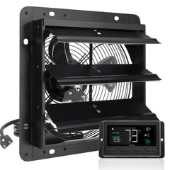 Shutter Exhaust Fan, 254mm / 10inch with Temperature Humidity Controller, EC-motor, 843 CFM, Variable Speed Adjustable Wall Mount Attic Fan, Ventilation and Cooling for Greenhouses, Garages, Sheds